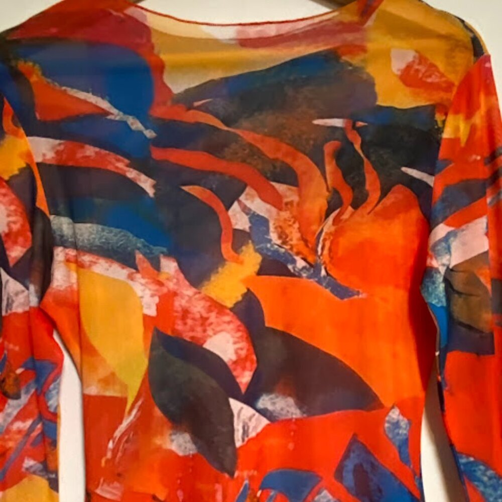 Abstract Print Mesh Long Sleeve Bodycon Midi Dress - Size M - Picture 4 of 9